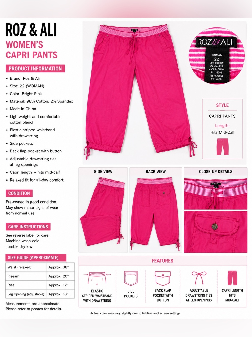 Roz & Ali Women’s Capri Pants Size 22 Bright Pink Drawstring Hem Pockets